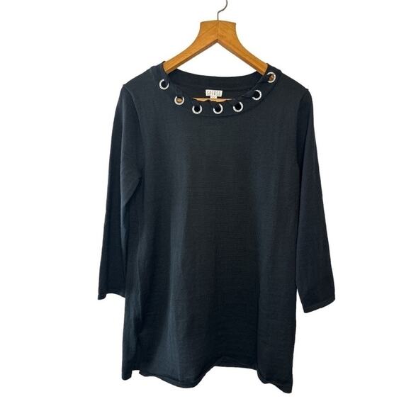 Spense Black Lightweight Sweater with Rhinestone Grommet Neckline—Size Medium - Picture 1 of 8